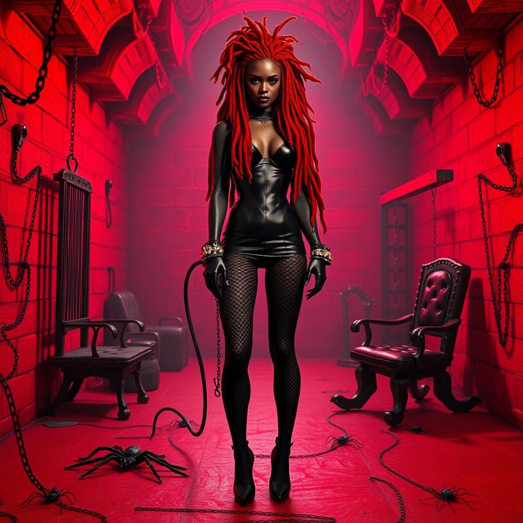 Dominatrix in Dark, Blood-Red Lit Dungeon, Cyberpunk Digital...
