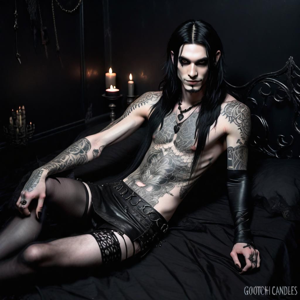 Gothic Man in Black Room with Lace and Leather