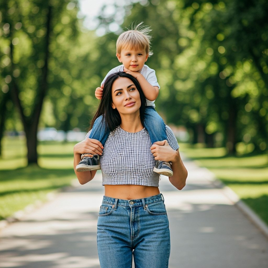 Mother and Son Walk in Sunny Park, Photorealistic Style