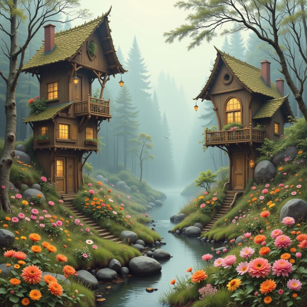 Misty Gardens with Ornate Enclosures in Watercolor Style