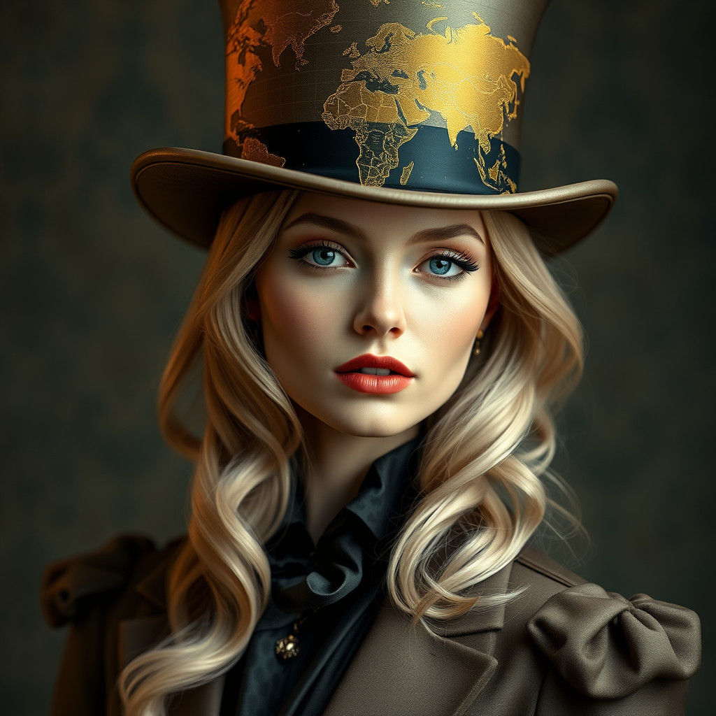 Blonde Woman's World Map Hat in Surrealist Style