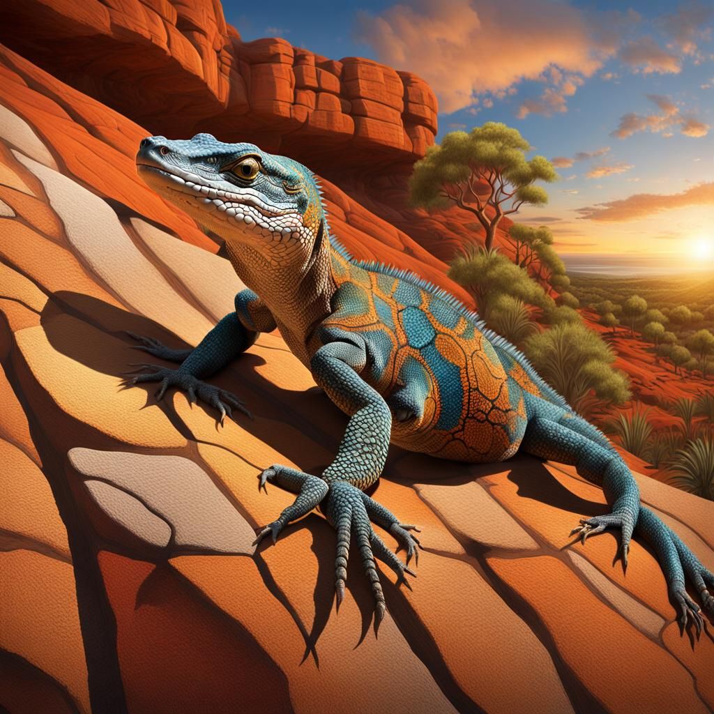 Goanna Lizard Crawling Past Aboriginal Art