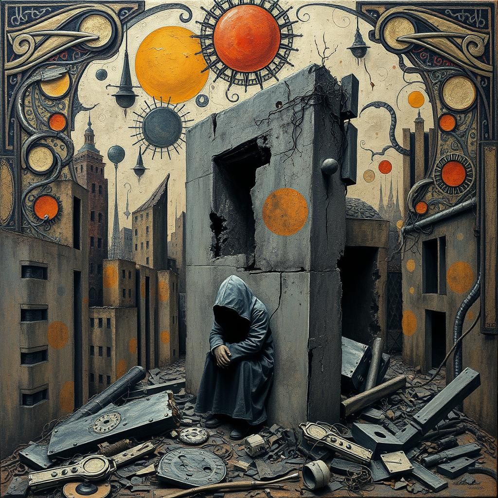 Dystopian Figure in Impasto Surrealist Landscape