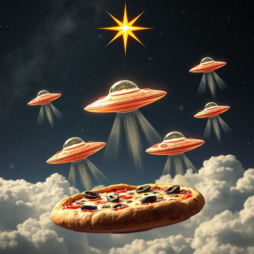 Pizza Slices Soar Through the Cosmos with a Starry Night Sky...