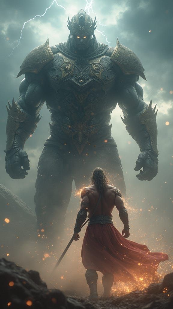 Divine Warrior Battles Titan in Celestial Storm