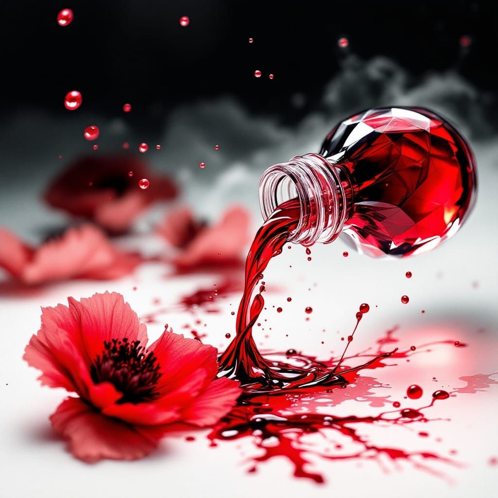 Calligraphic Poppies Emerge from Crimson Ink Bottle