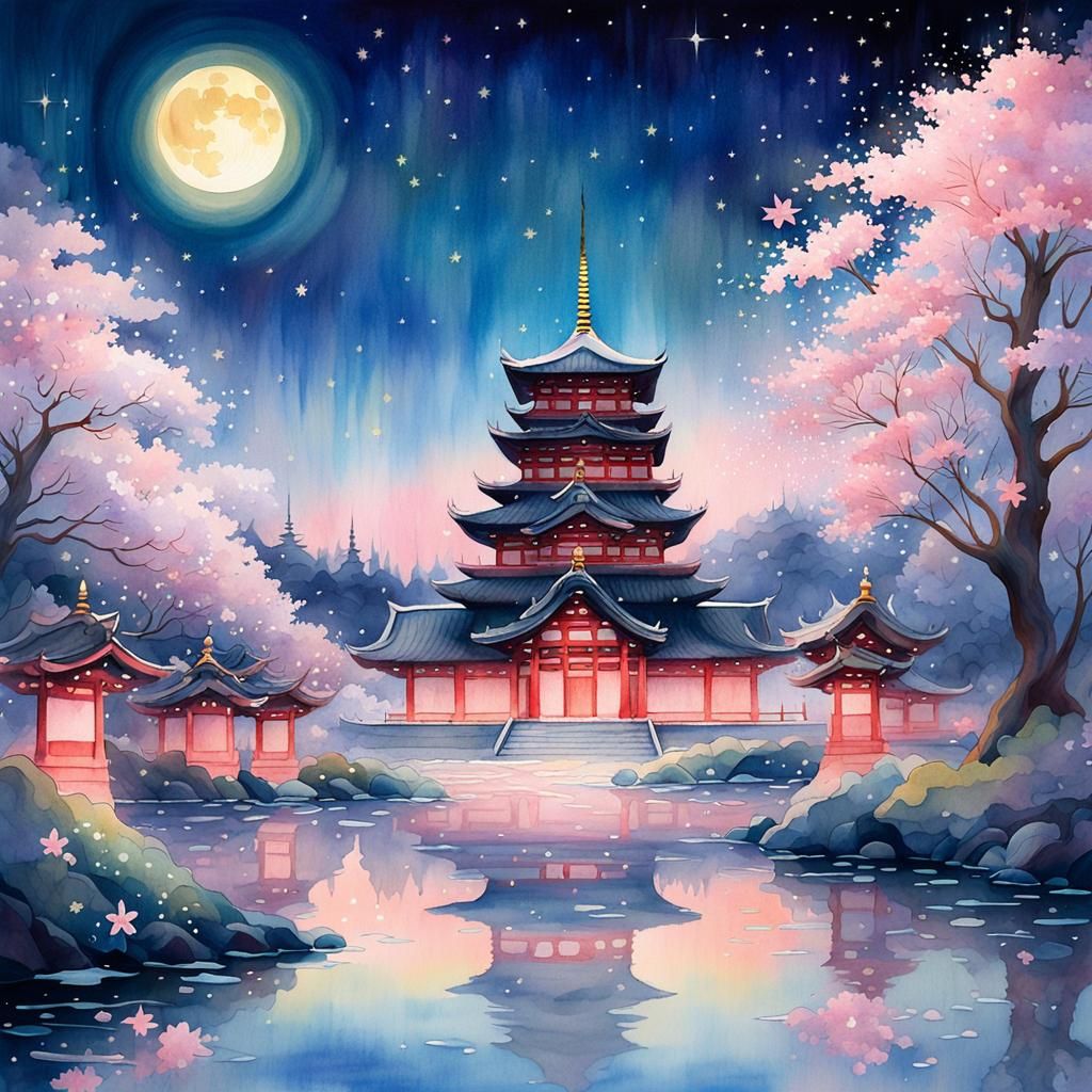 Sakura Dream: Surreal Watercolor Night Sky