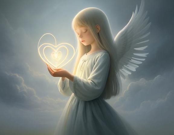 Angelic Child Holding Heart in Surreal Dreamscape