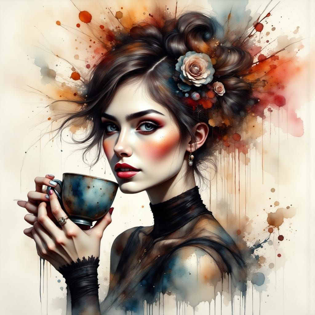 Gothic Woman Sipping Coffee: Watercolor Double Exposure