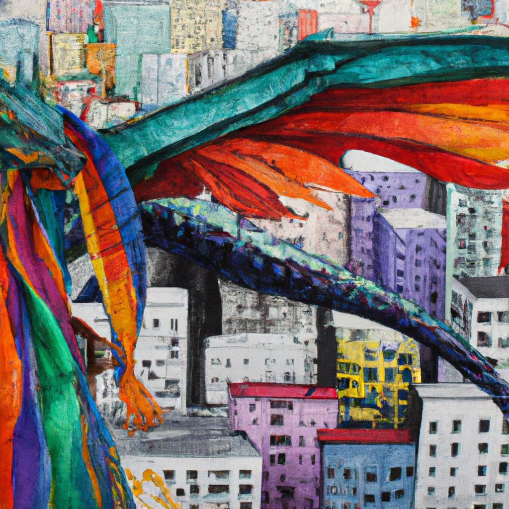 Fabric Dragon Soars Above a Vibrant Cityscape in Textile Sty...