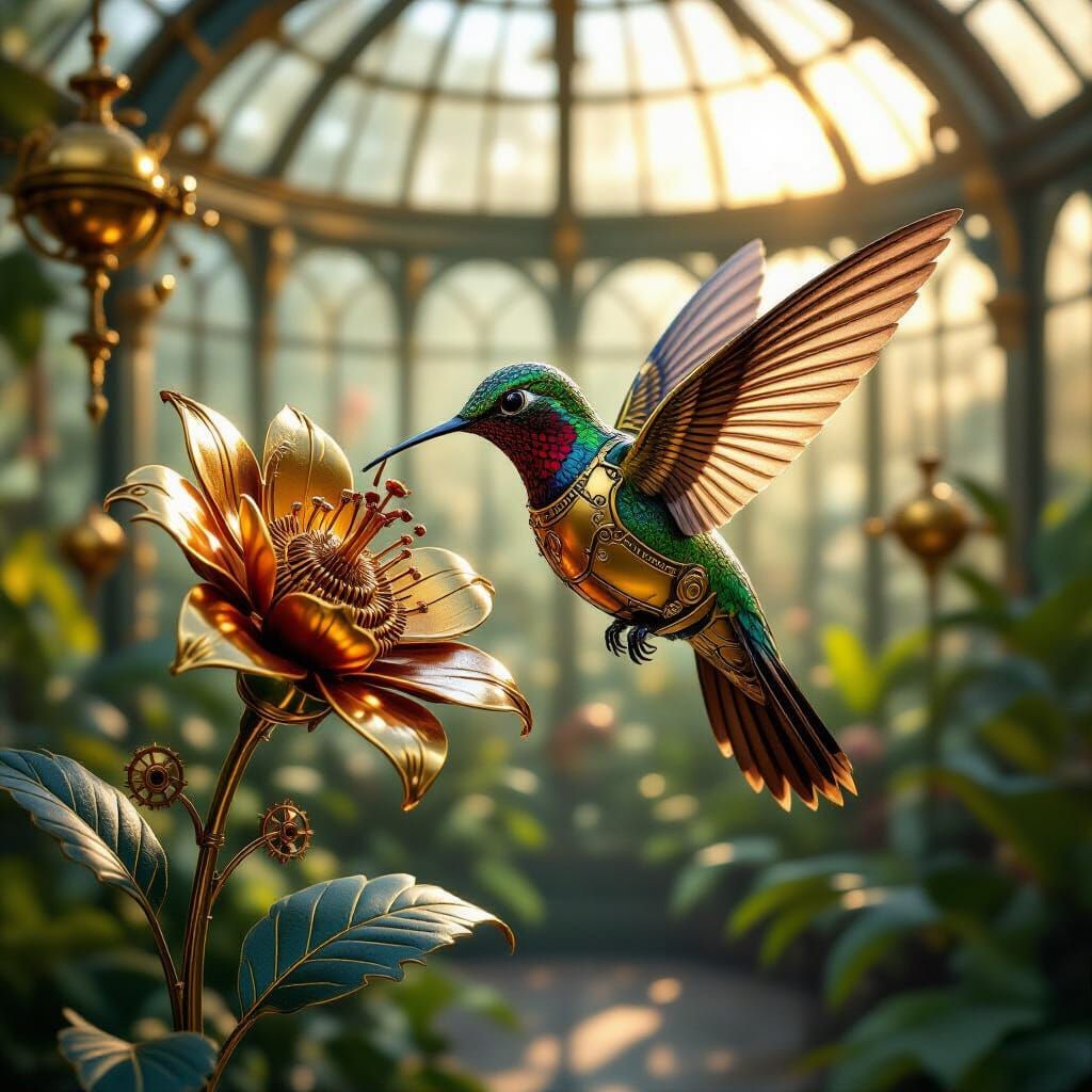 Steampunk Hummingbird Sips Nectar in Clockwork Greenhouse