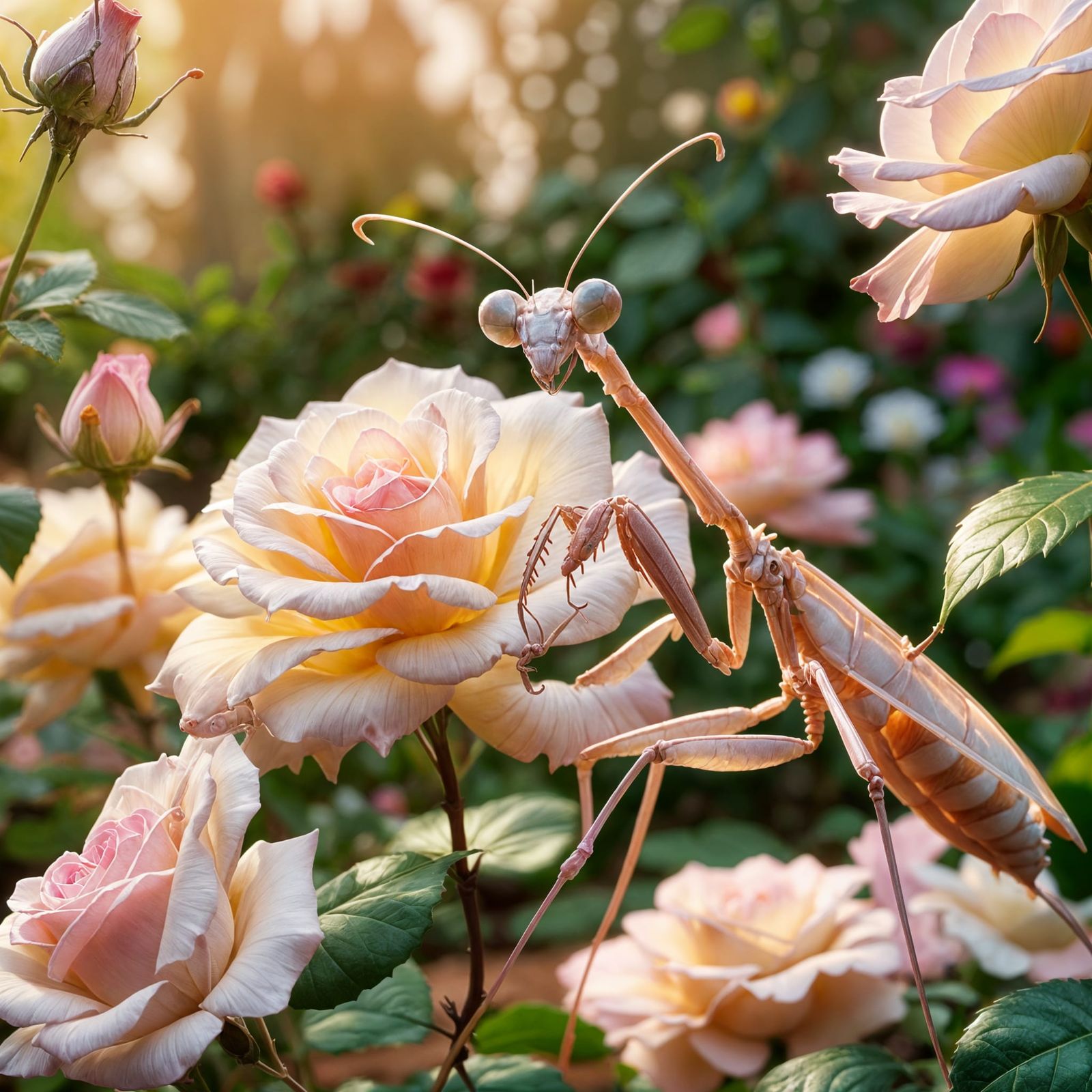 Cute Pink Mantis with Rose, Pixar Style