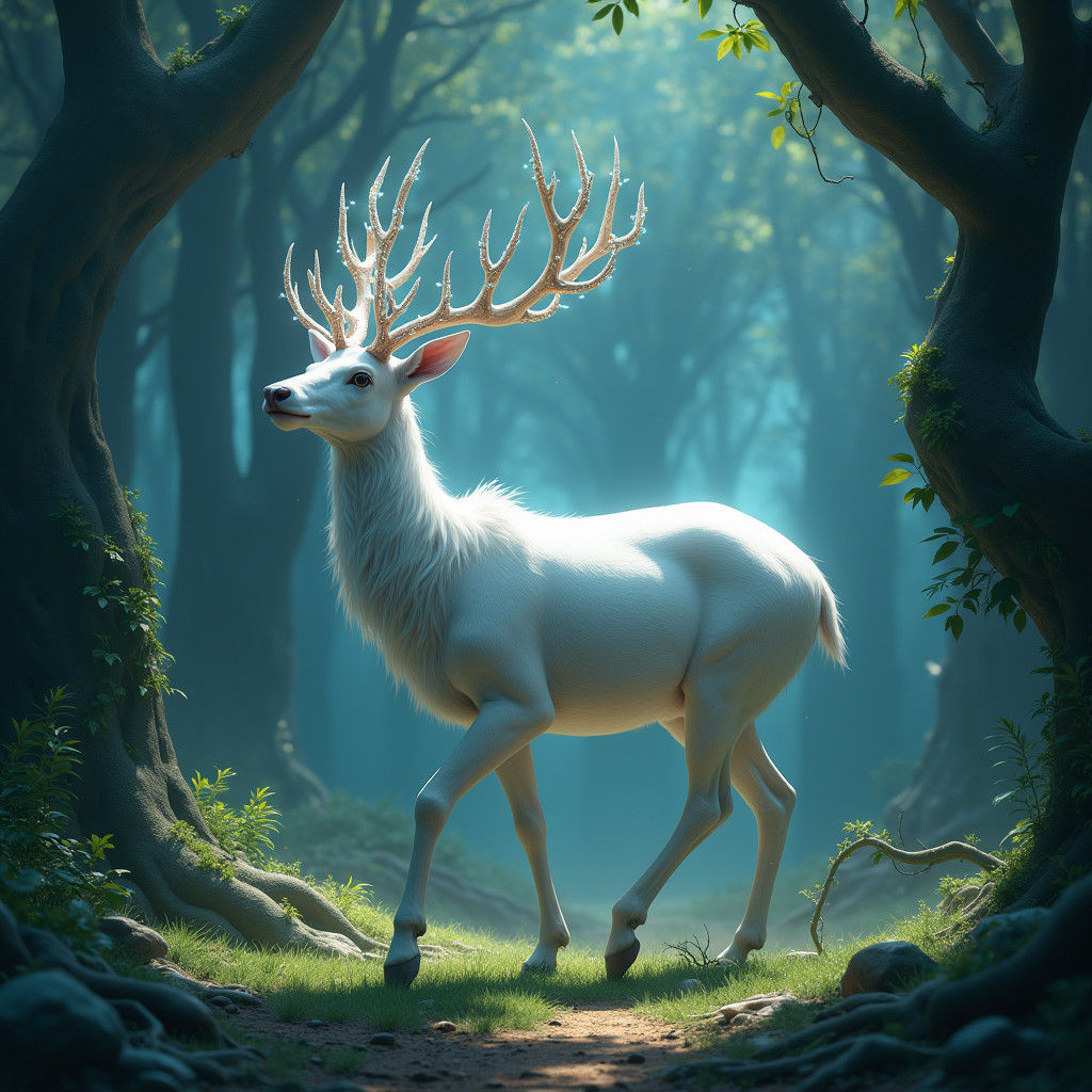 Ethereal White Deer in Mystical Forest, Fantasy Art