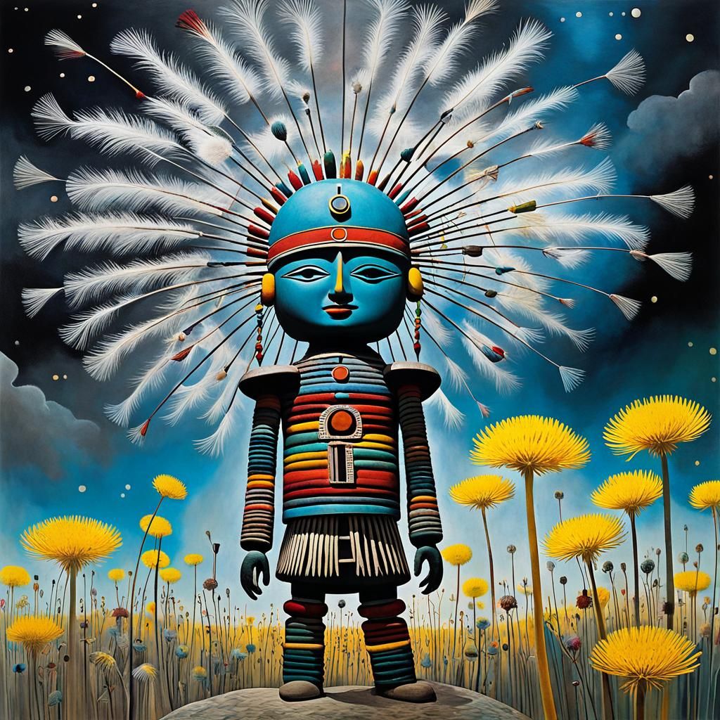 Kachina Doll in Dandelion Dreamscape, Surrealist Style