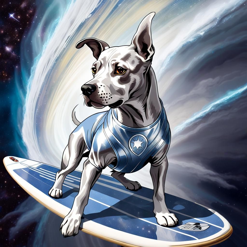 Silver Surfer Dog Riding Galactic Wave as Impressionist Pain...