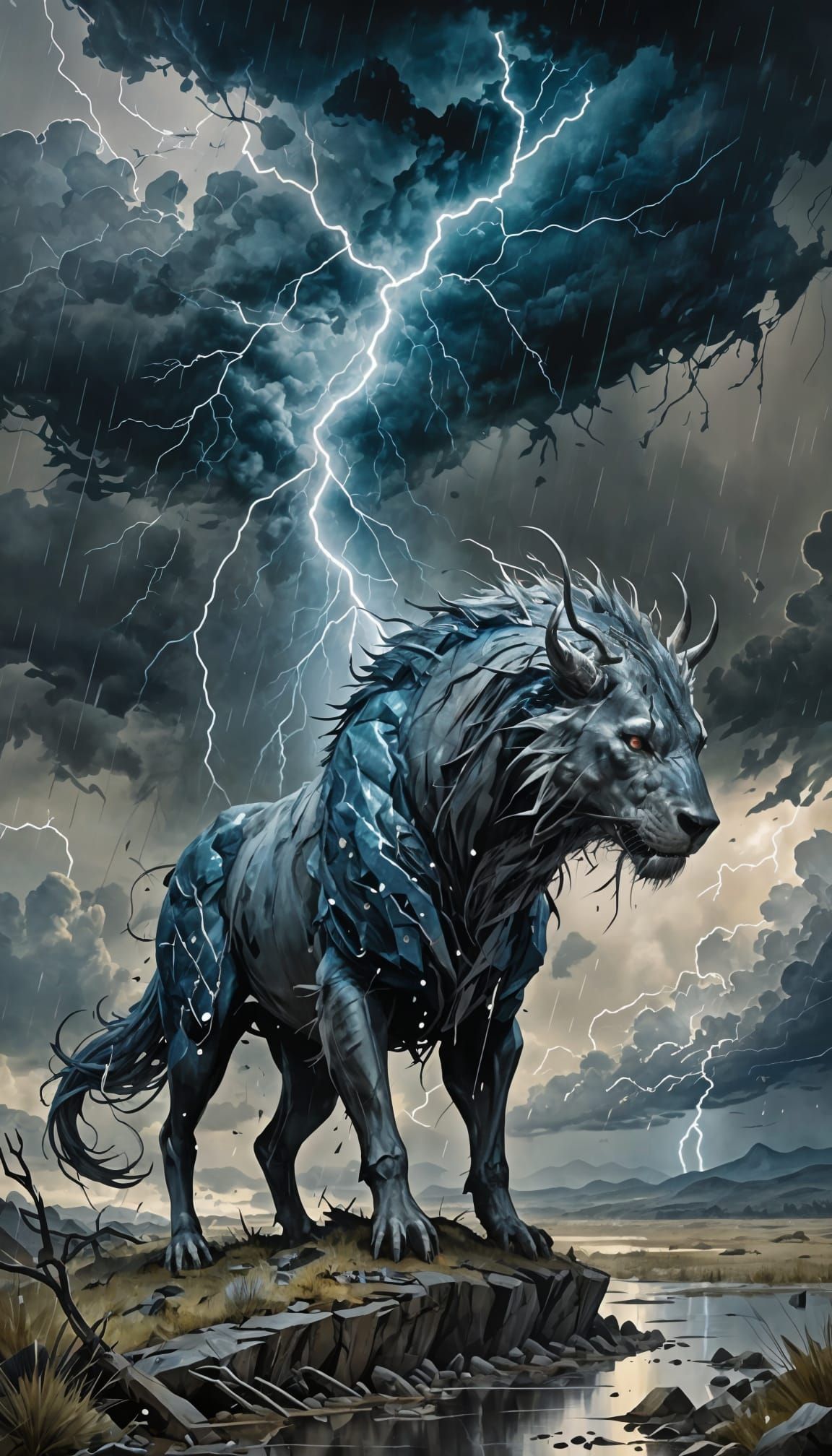 Beast in Rainstorm with Lightning, Sculptural Art
