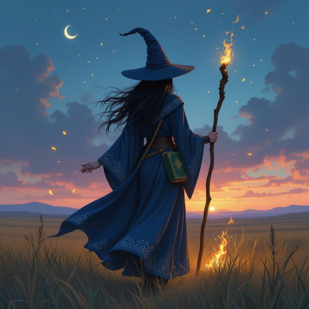 Elven Mage Wanders Twilight Plains in Fantasy Art Style