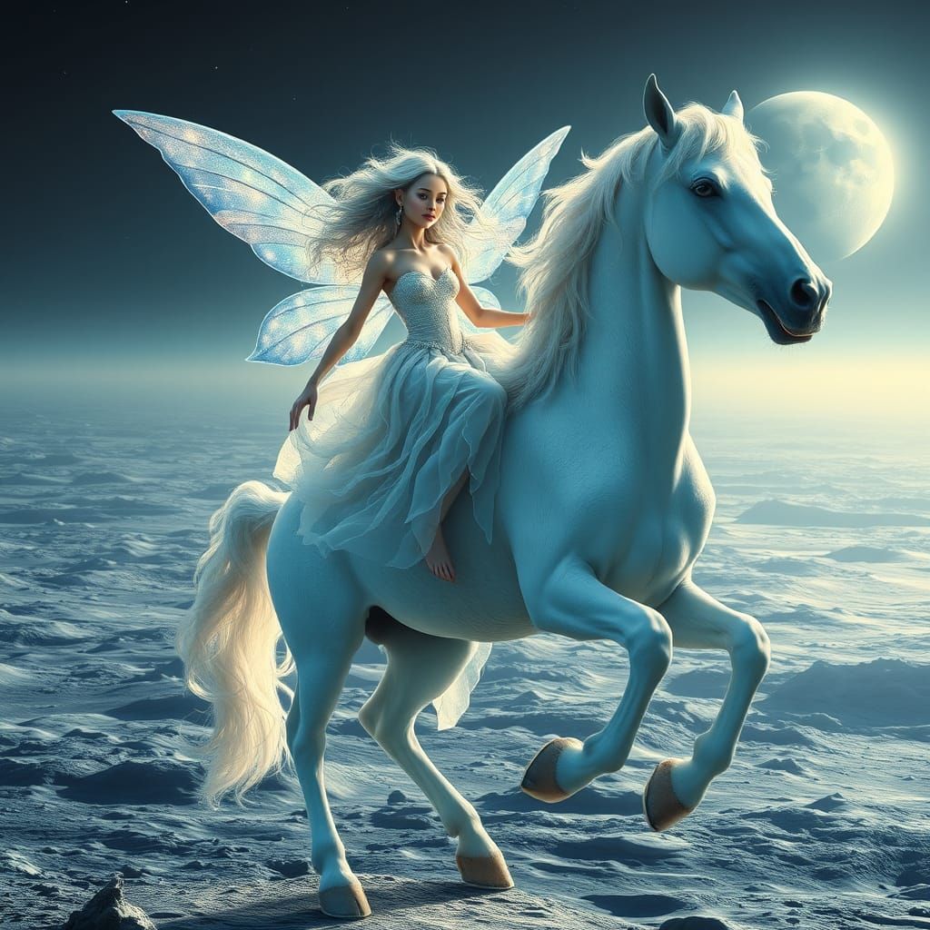 Luminous Fairy on Moonlit Steed Conquers Lunar Terrain