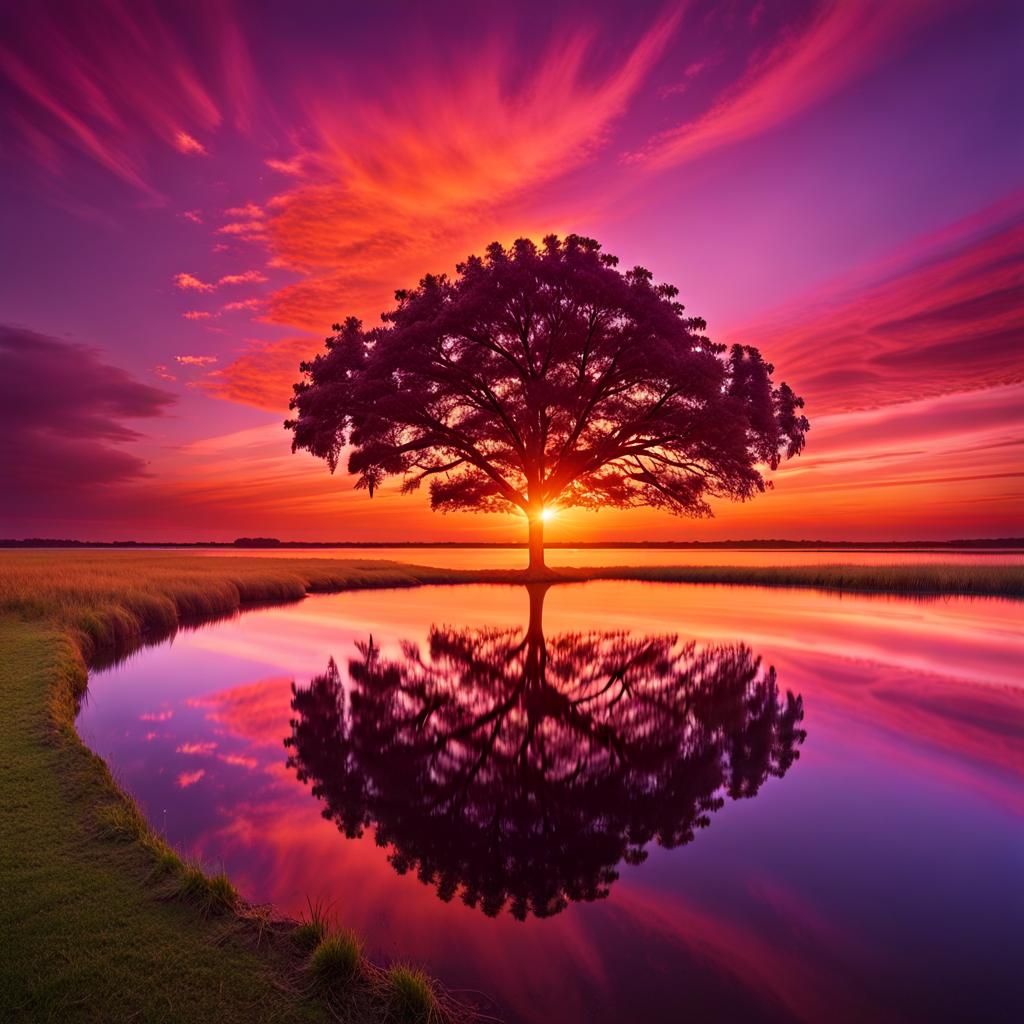 Vivid Sunset Reflected by Fruit Tree