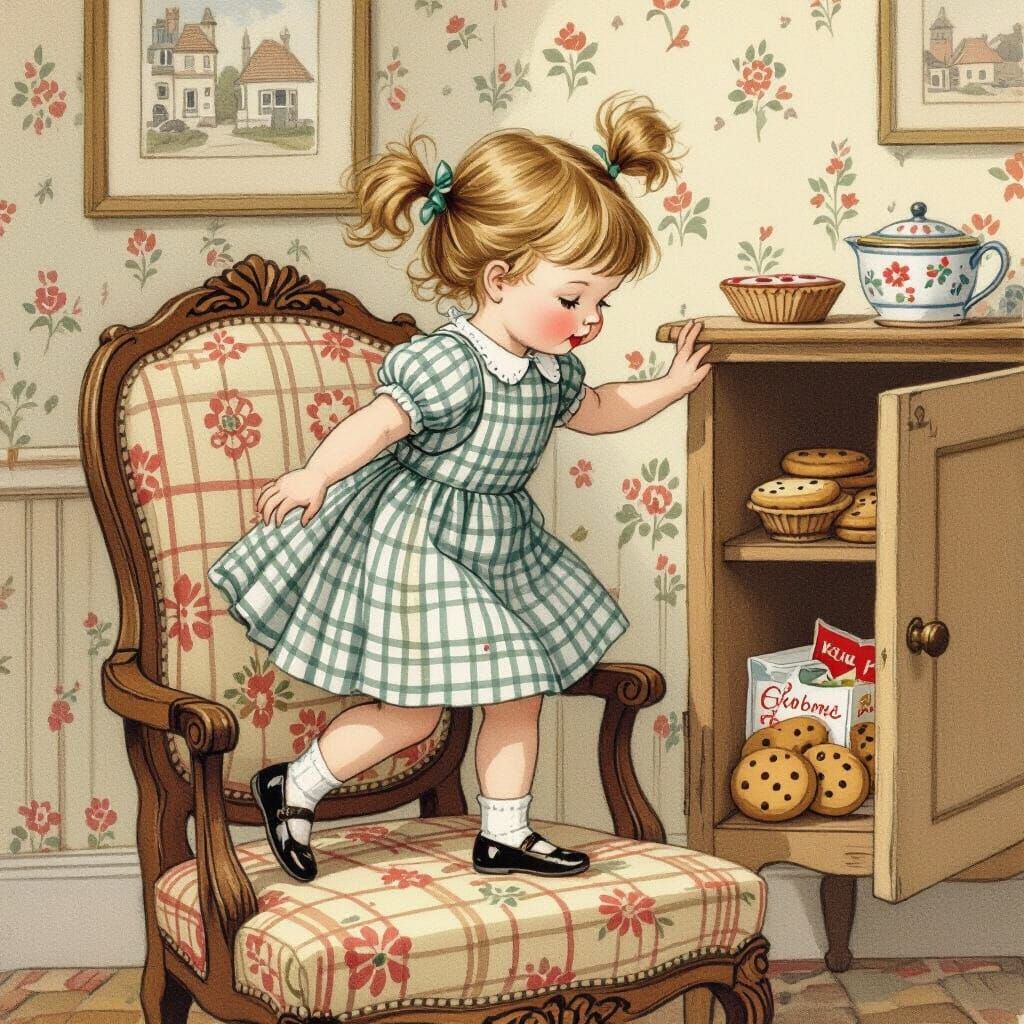 Girl Climbing for Chocolate, Whimsical Illustration