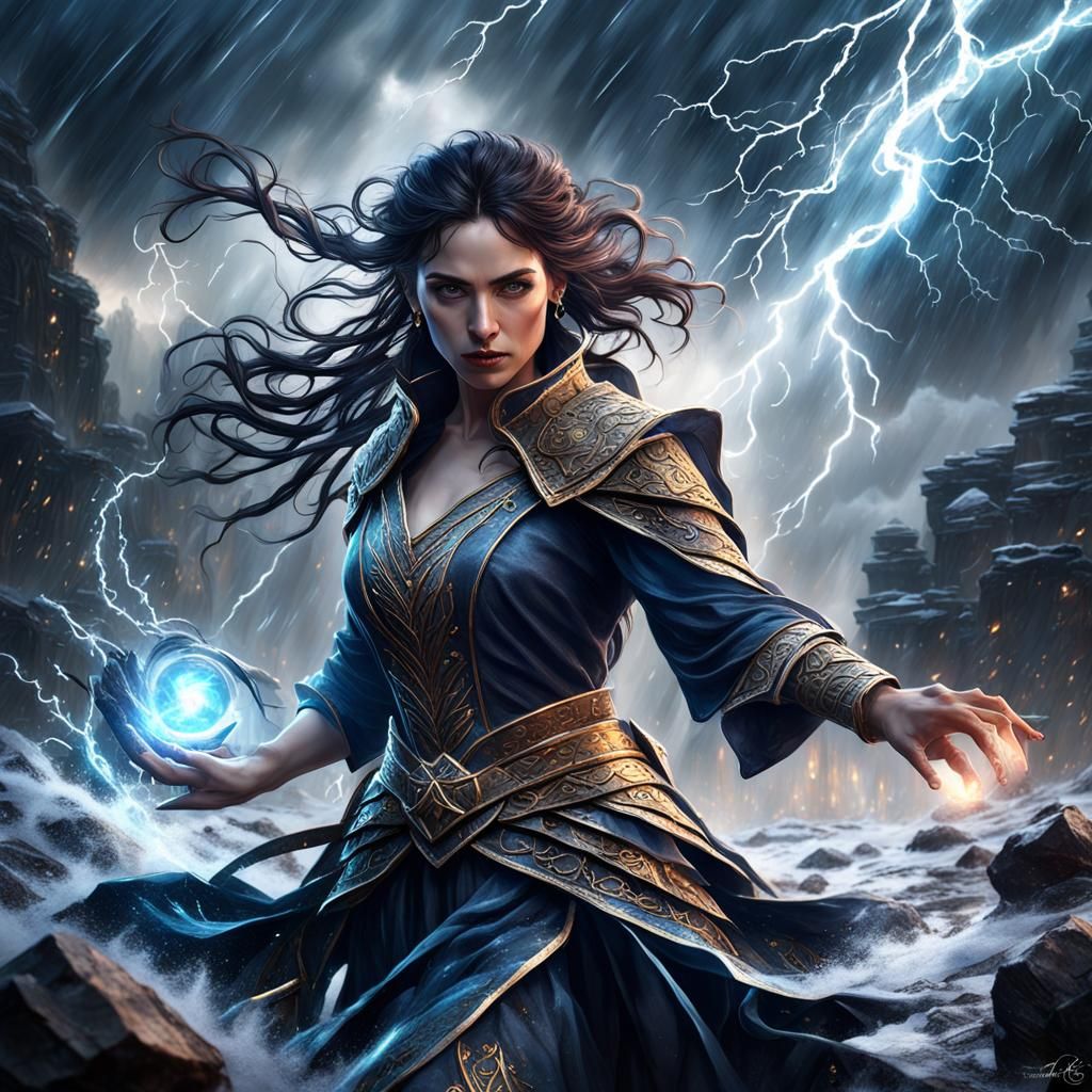 Storm Sorceress Controls Magic in a Fantasy Art