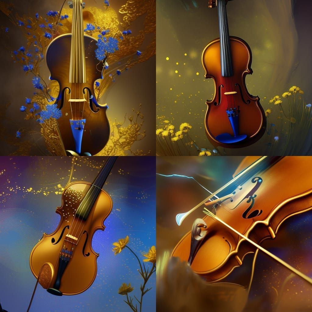 Ornate Violin with Gold and Blue Flowers