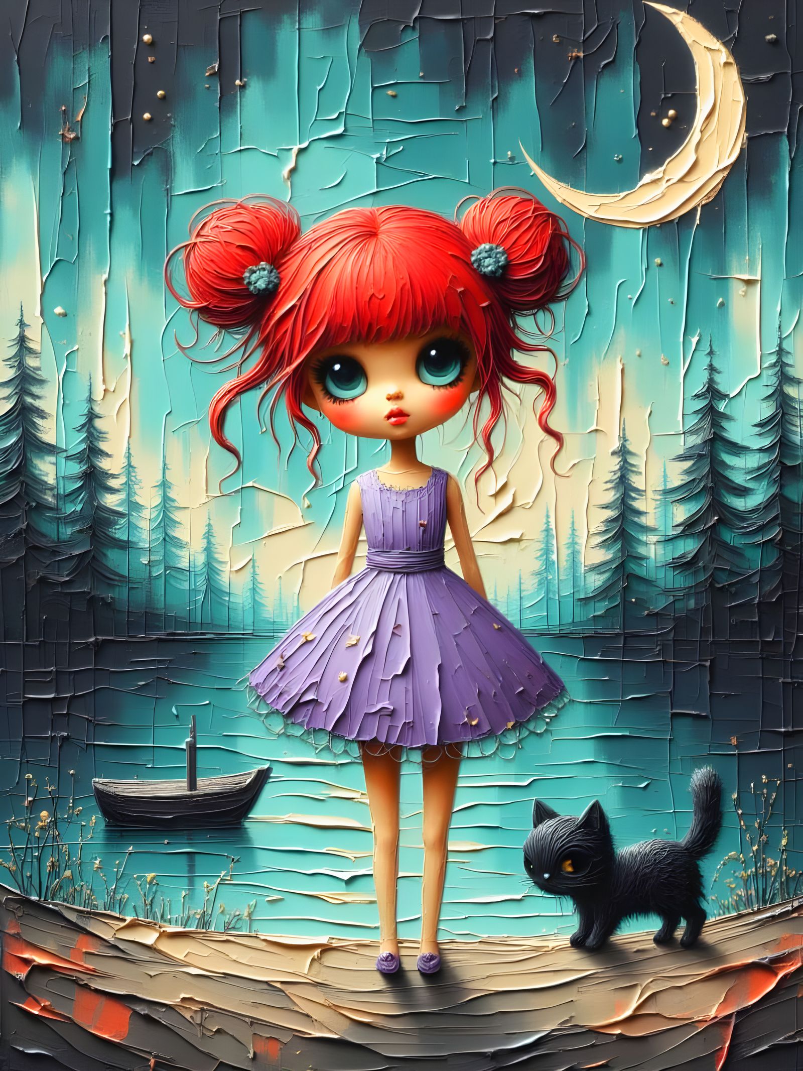 Moonlit Girl with Kitten in Oil Painting Style