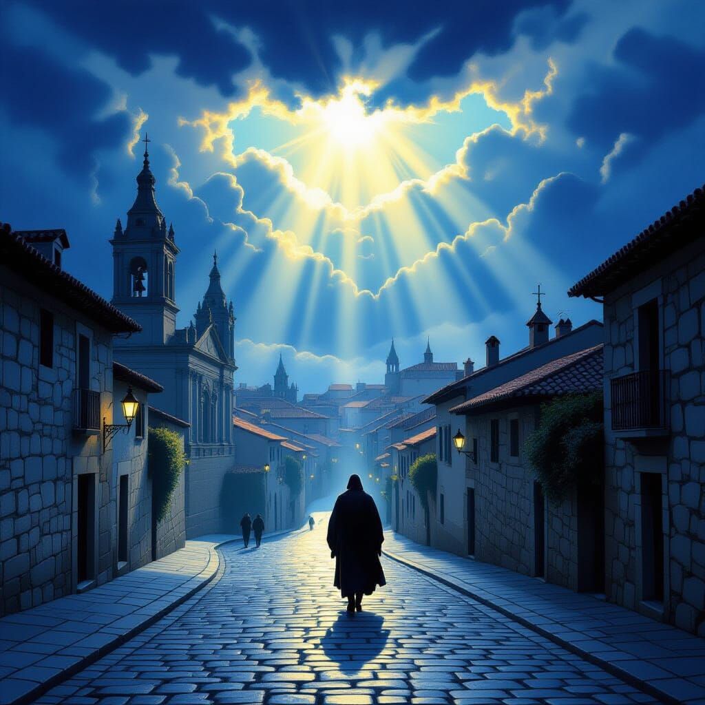 Pilgrim in Medieval Santiago Under Divine Light