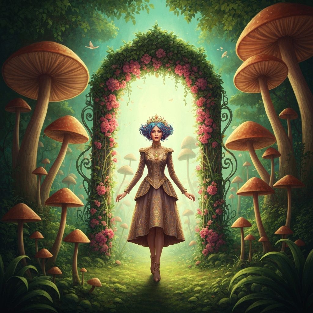 Woman Enters Whimsical Floral Gateway, Lush Greenery & Mushr...