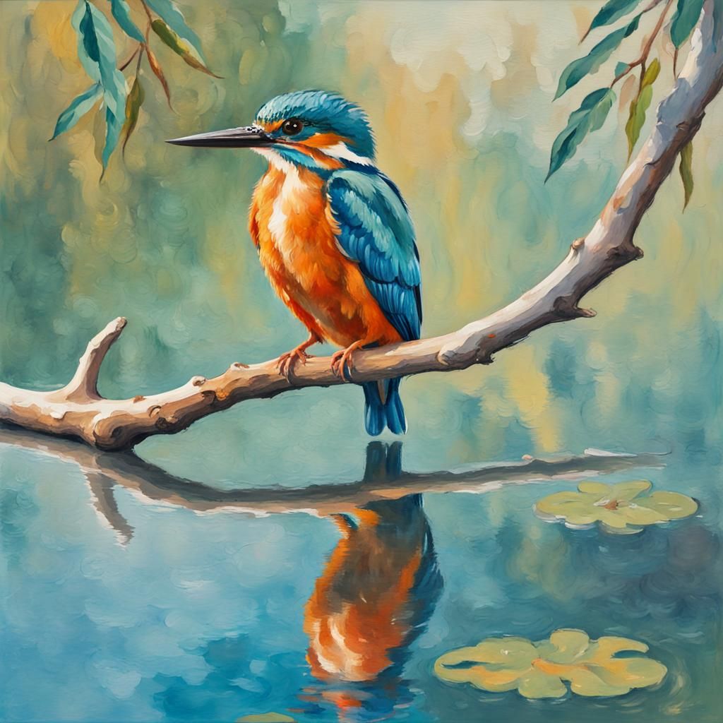 Kingfisher in Gouache Style Over Water Reflection