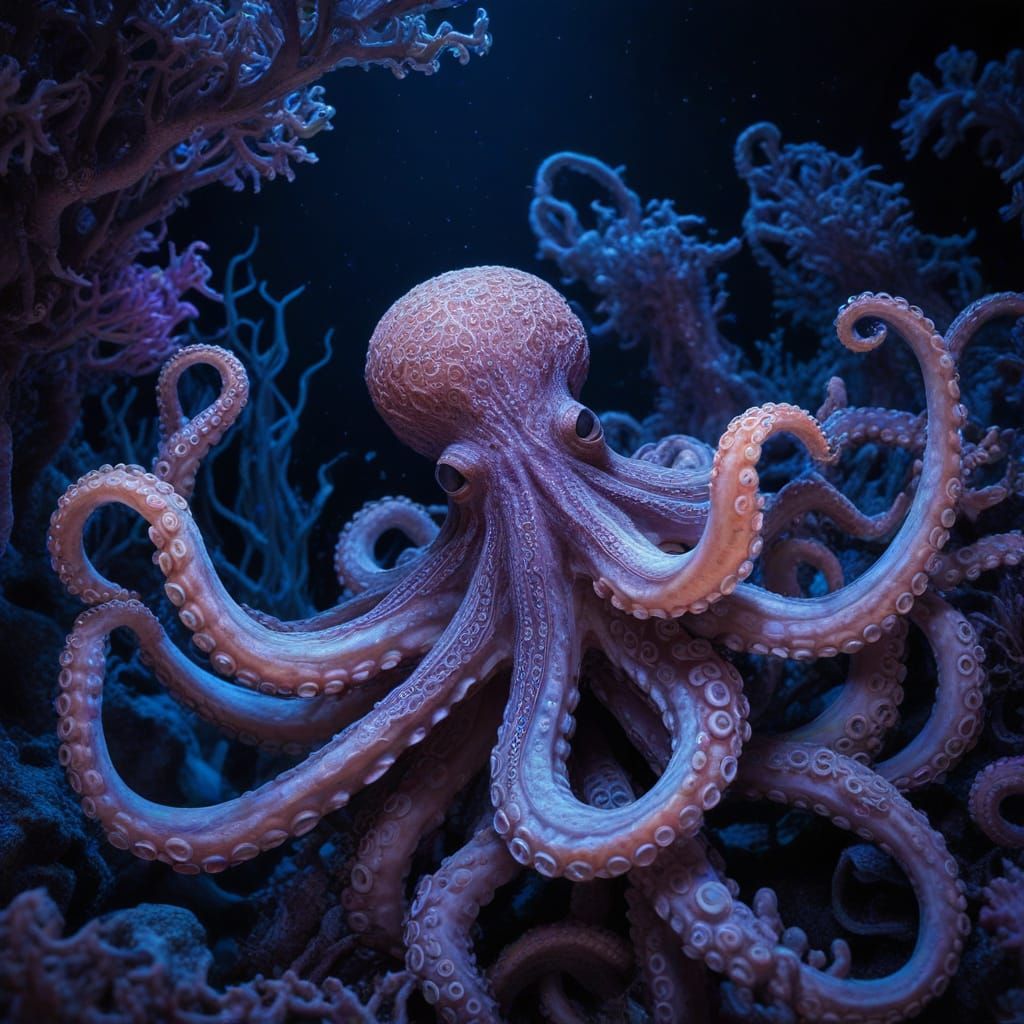 Surreal Octopus in Glowing Coral Maze