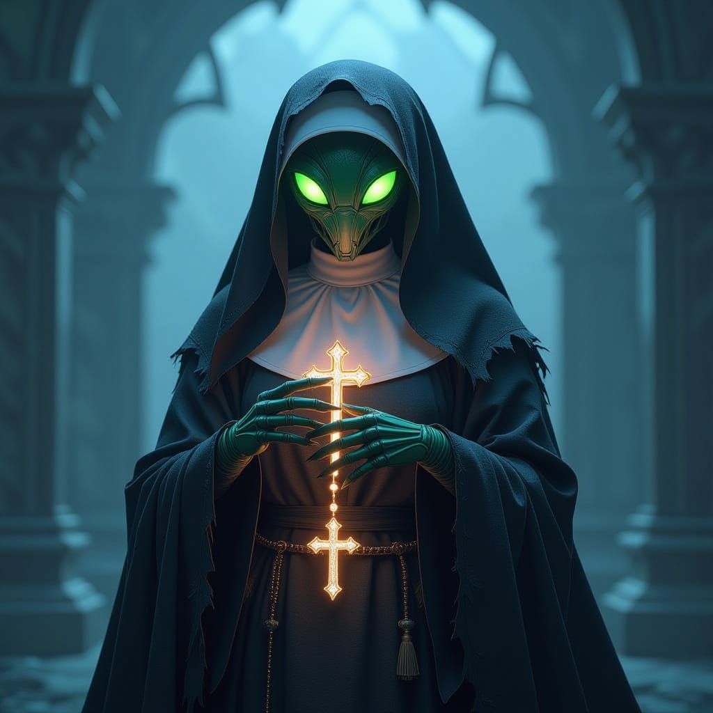 Creepy Alien Mantis Nun in Ethereal Fantasy Style