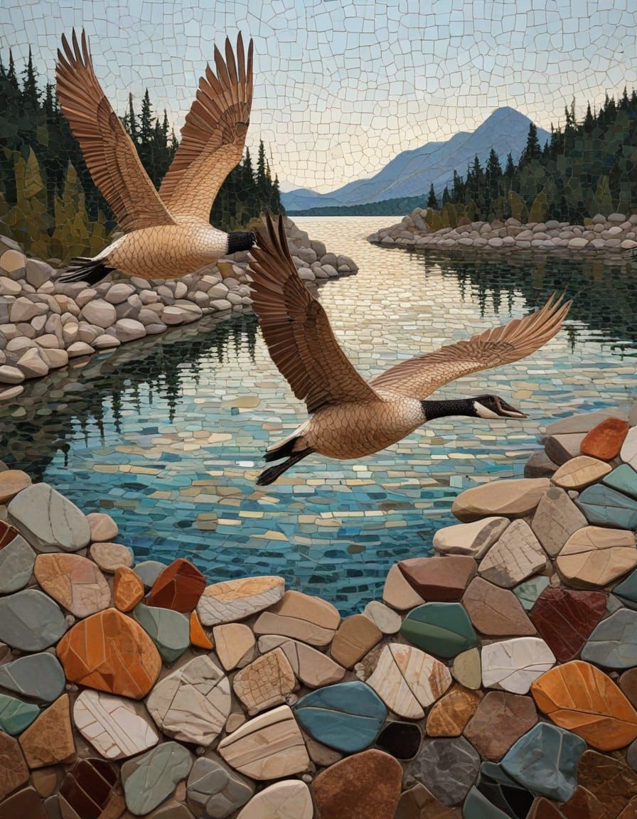 Mosaic animal portrait: Canadian geese take flight