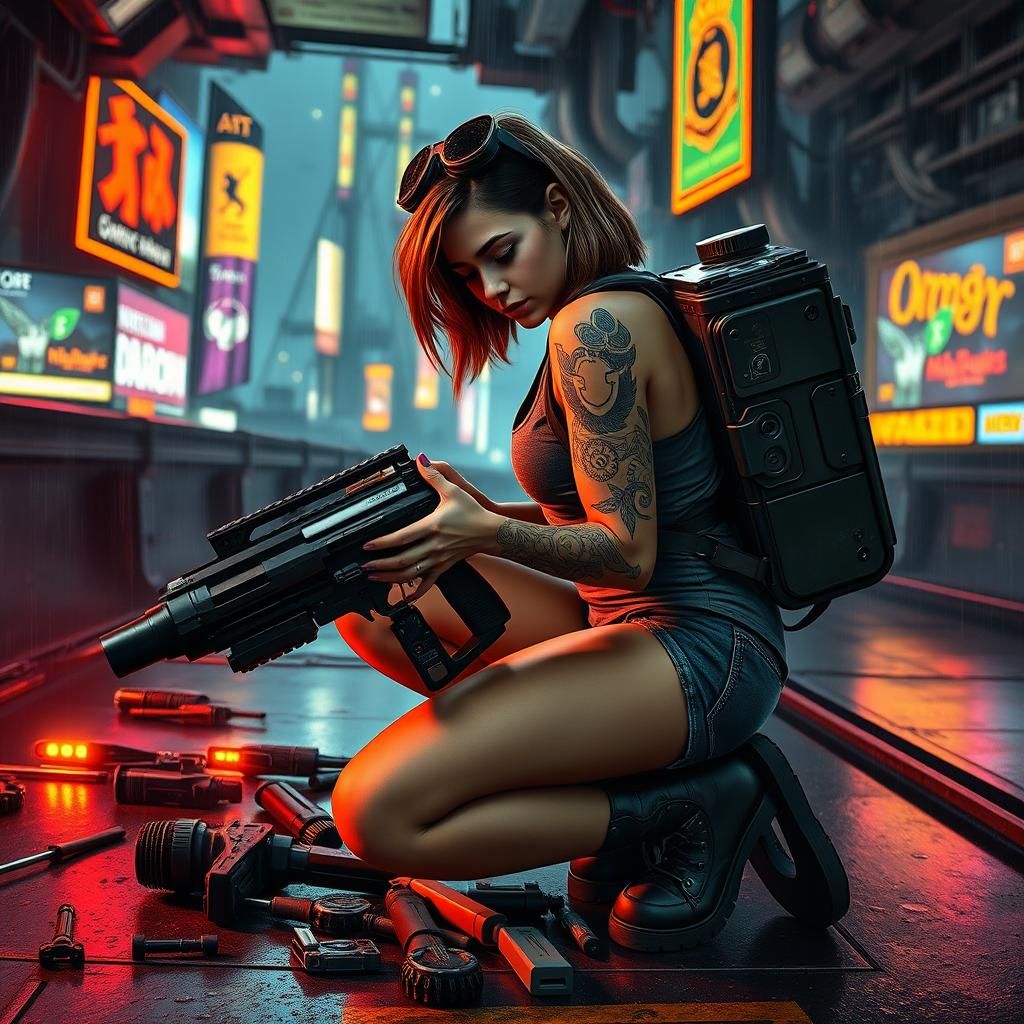 Cyberpunk Mechanic Repairs Turret Backpack on Spaceship