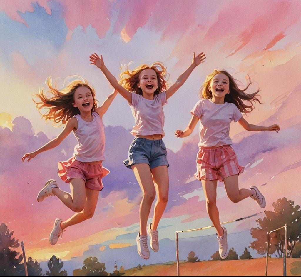 Children Playing on a Trampoline at Sunset