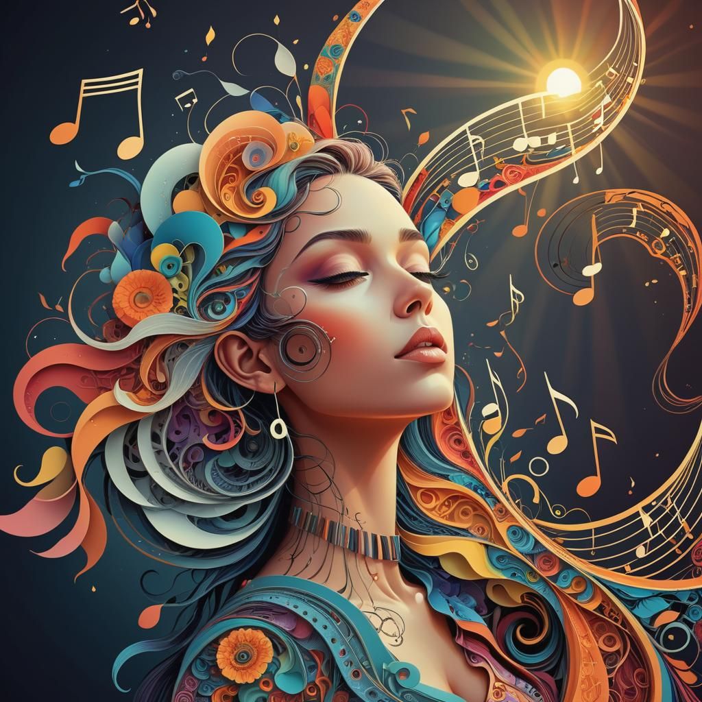 Dreamlike Art Brut Woman with Music Note Sunset