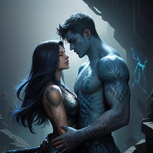 Teen Couple with Glowing Tattoos in Ancient Ruins