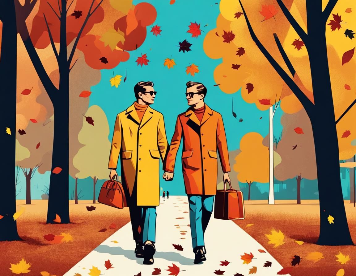 Gay Couple in Autumn Park, Pop Art Style
