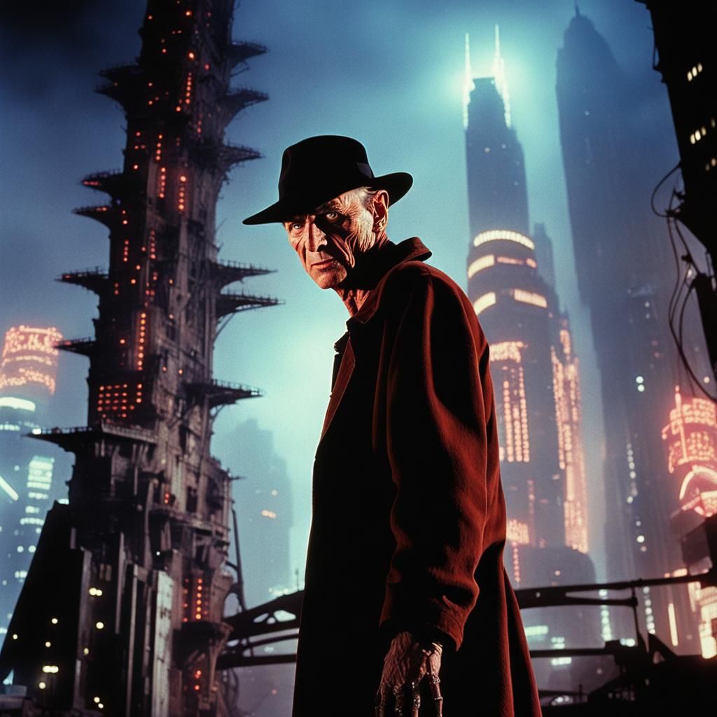 Freddy Krueger in Cyberpunk Cityscape