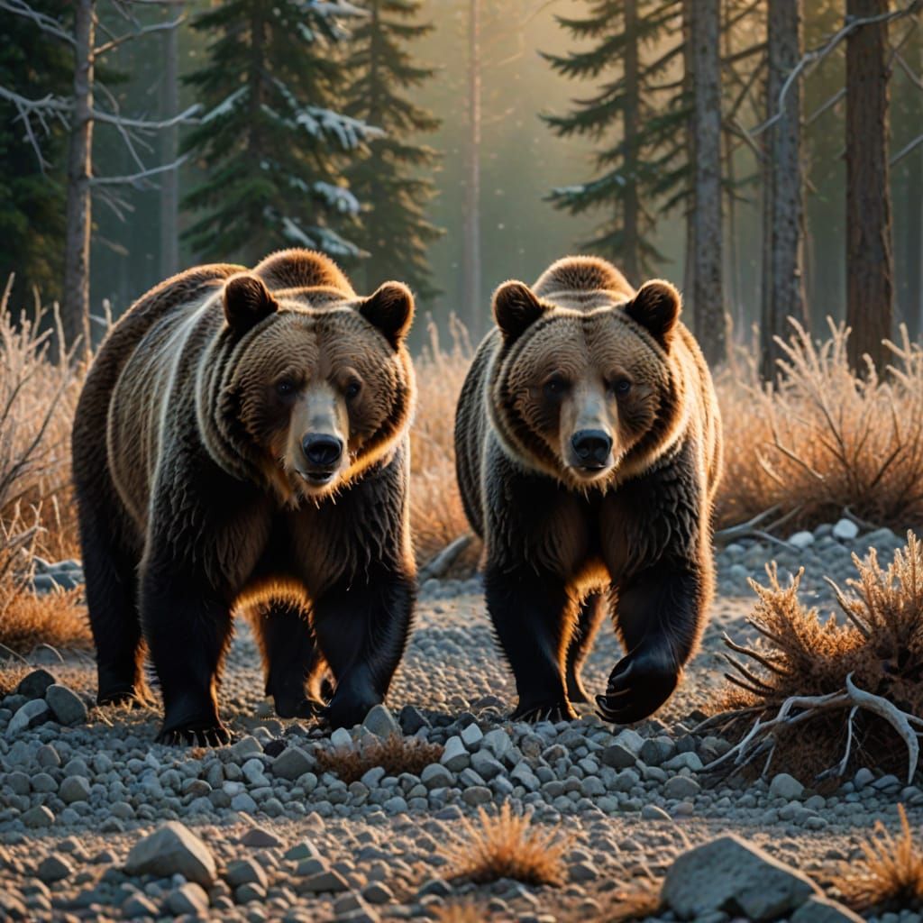 Grizzly Bears Discovering Deer in Winter Landscape