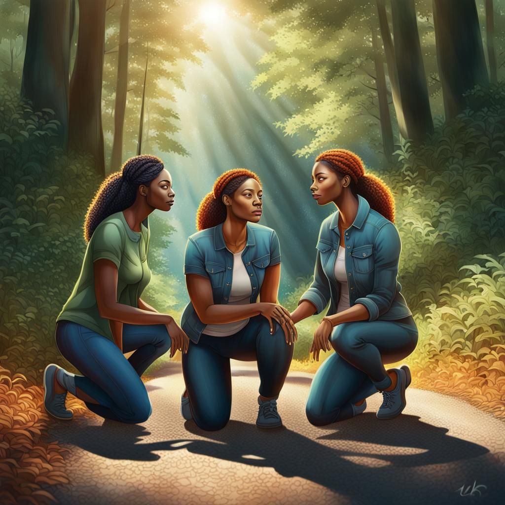 Mothers and Daughter in Forest: Digital Illustration