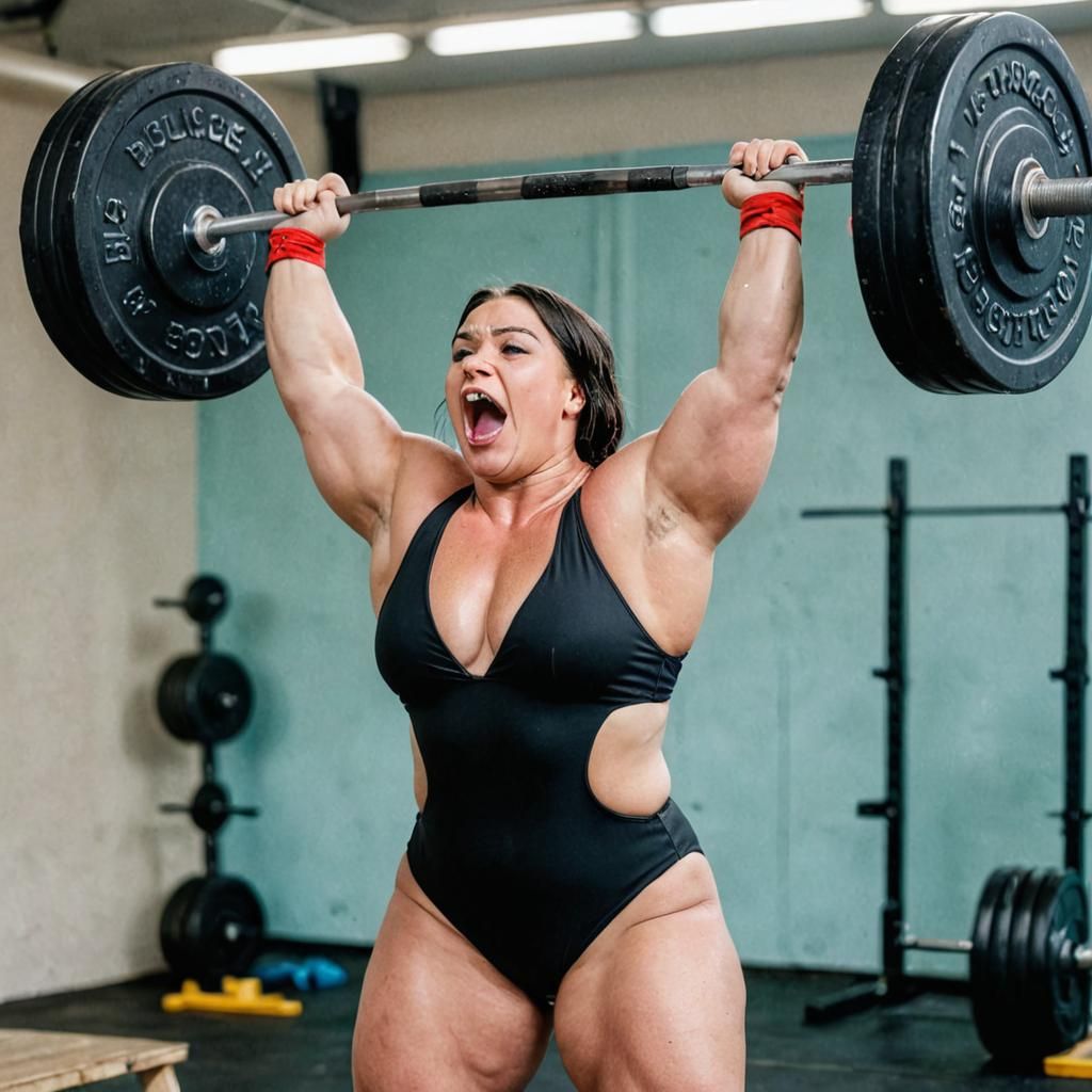 Strong Plus Size Russian Woman Lifts Weights in Swimsuit