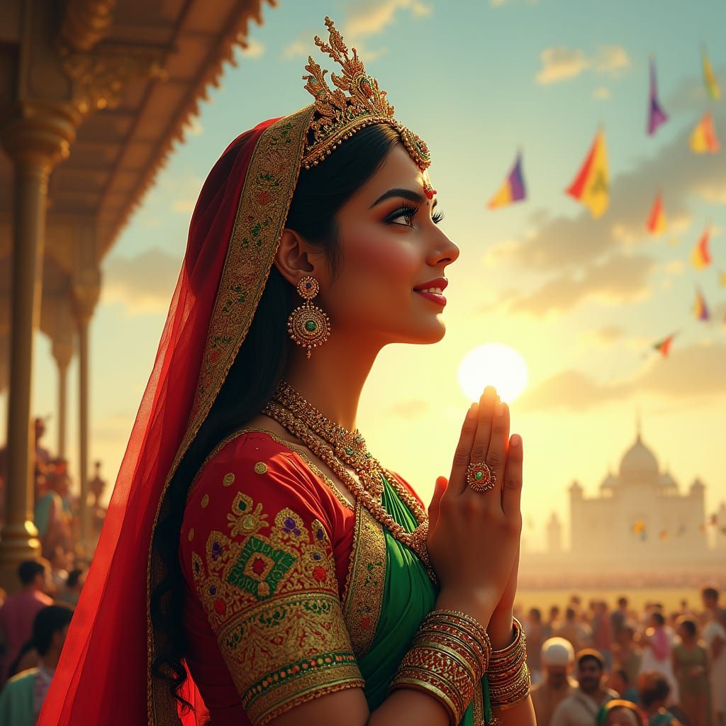 Indian Queen in Traditional Sari, Namaste Pose, amidst Vibra...