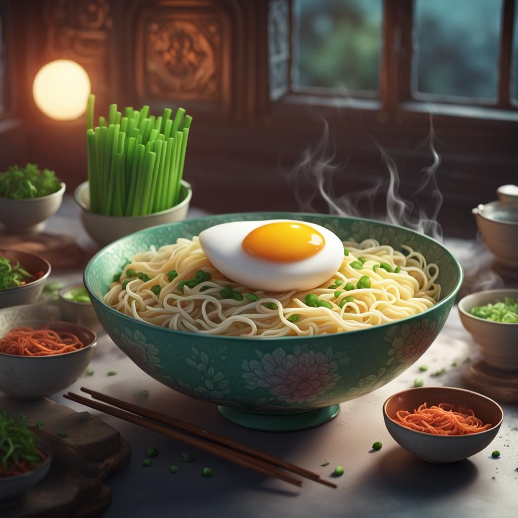 Steamy Noodle Bowl in Pastel Colors, Detailed Matte Painting