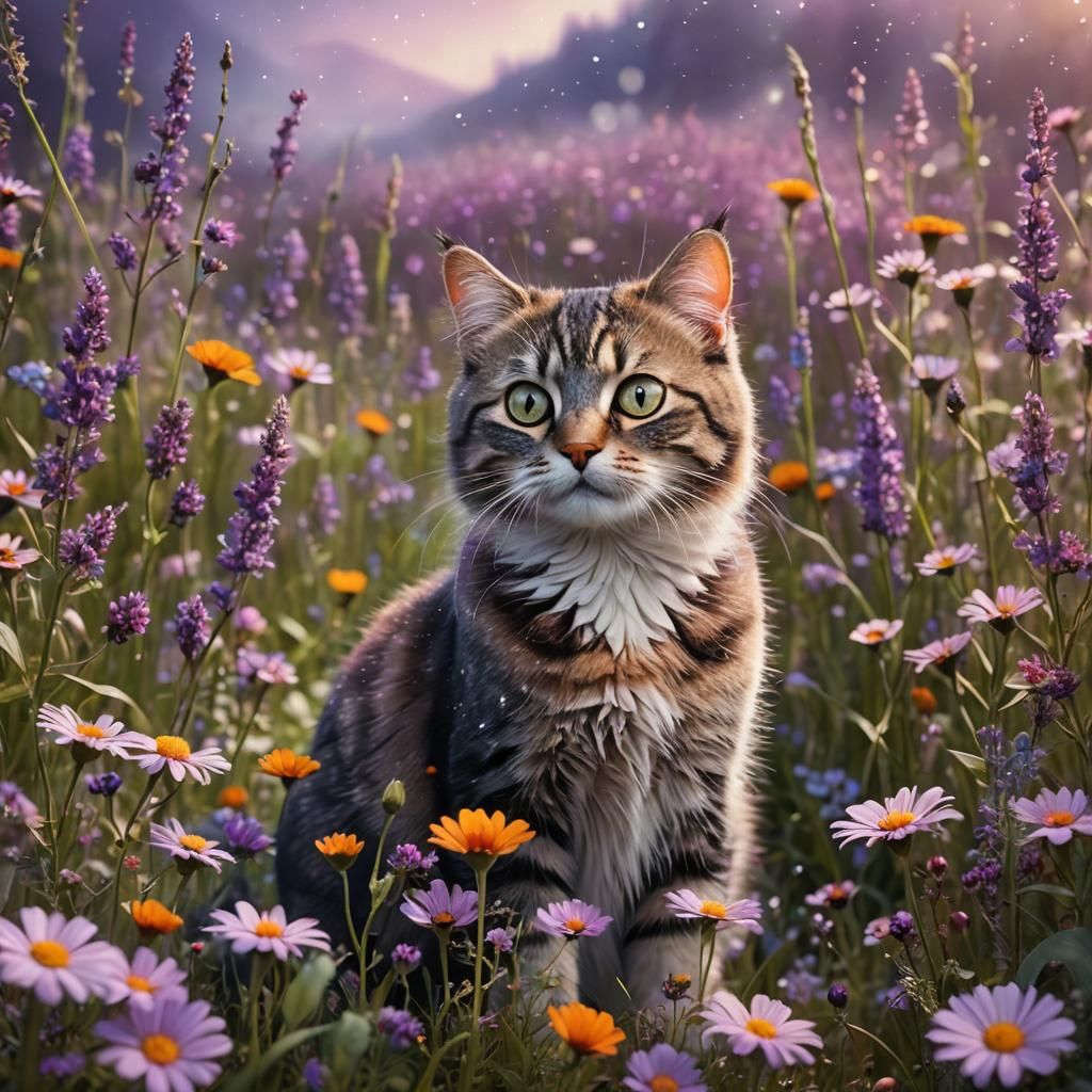 Animated Cat in Fantasy Meadow