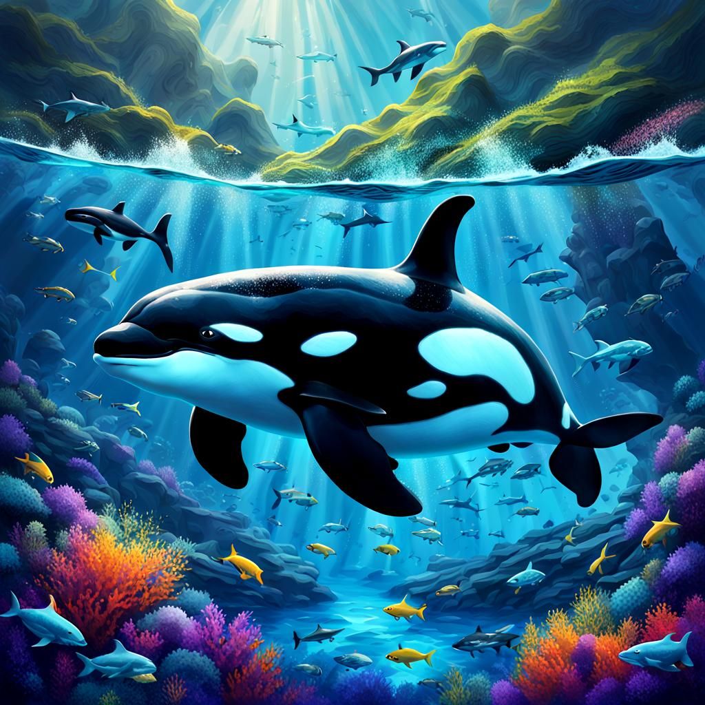 Underwater Orca in Bioluminescent Ocean: Cinematic Still