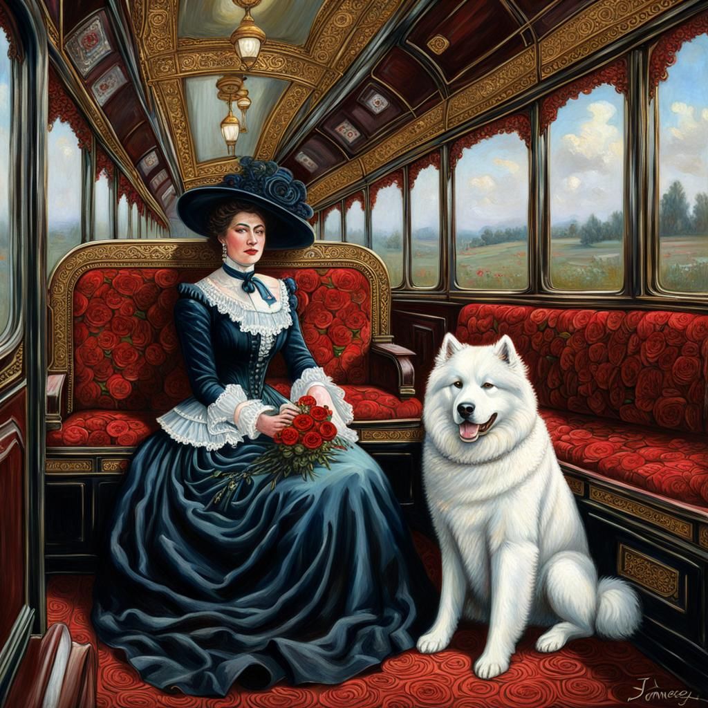 Victorian Woman with Samoyed in Ornate Train Car