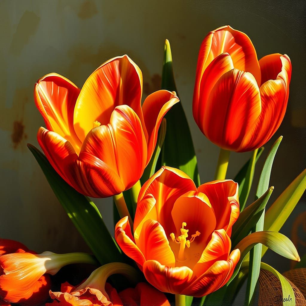 An oil painting of a bouquet of Parrot Tulip (Tulipa 'Papagena')