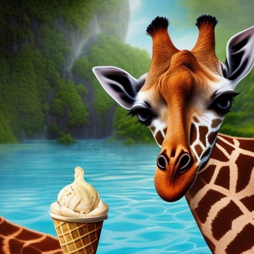 Baby Giraffe's Poolside Treat: Detailed Fantasy Art