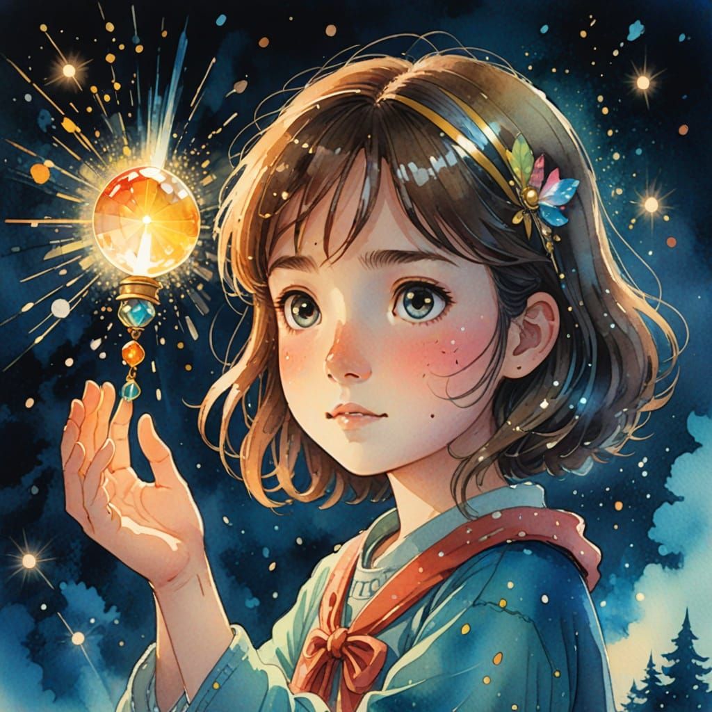 Girl with Prism: Studio Ghibli Watercolor Illustration
